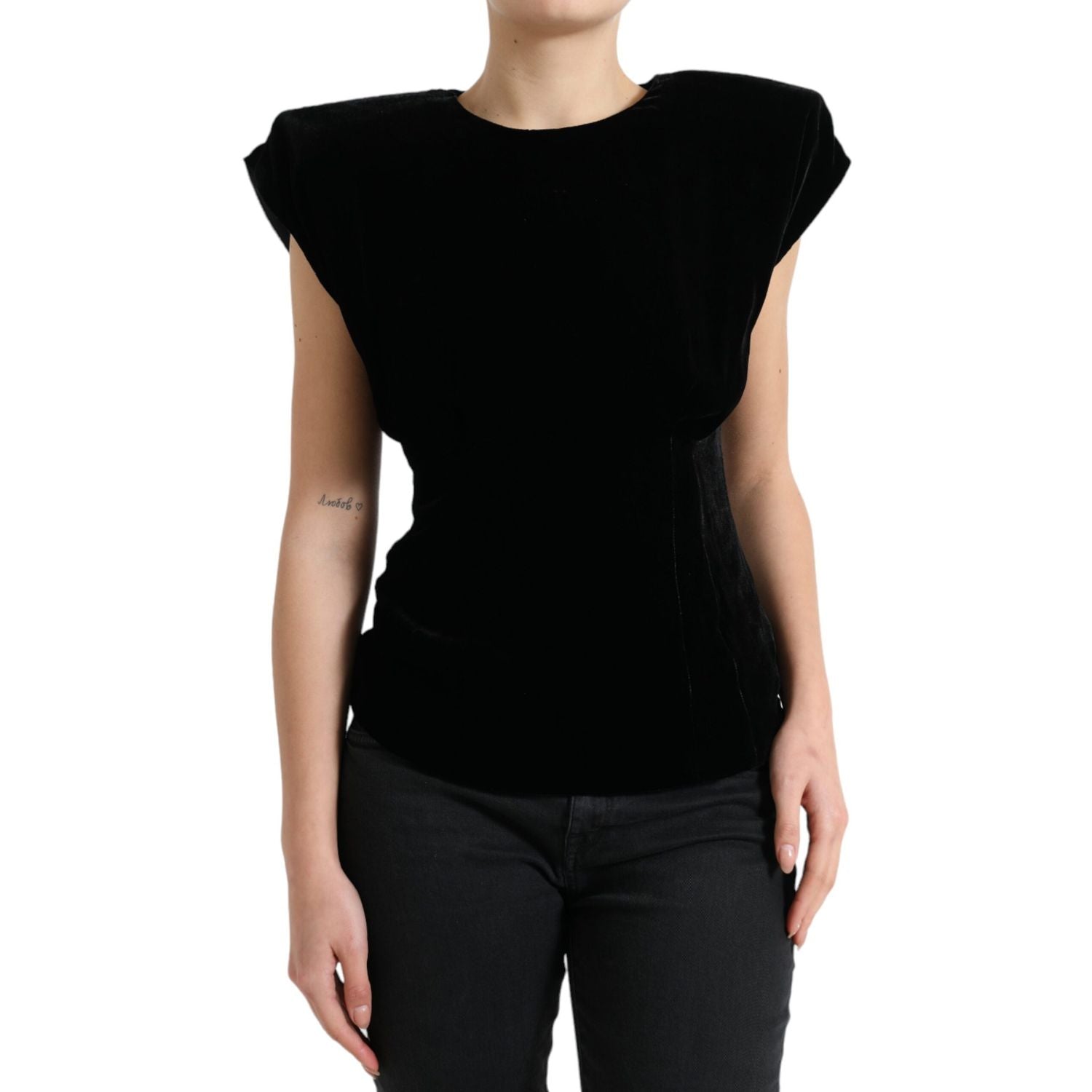Dolce & Gabbana Black Velvet Fitted Padded Shoulder Blouse Top