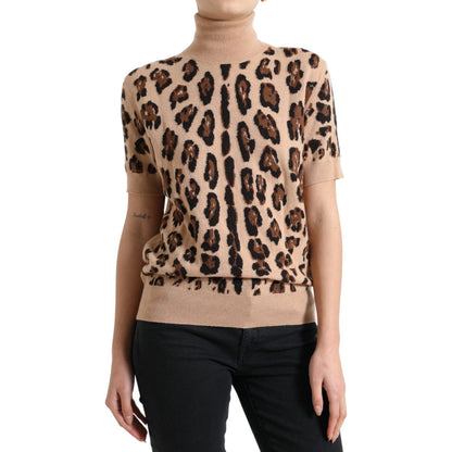 Dolce & Gabbana Beige Leopard Print Wool Turtleneck Top
