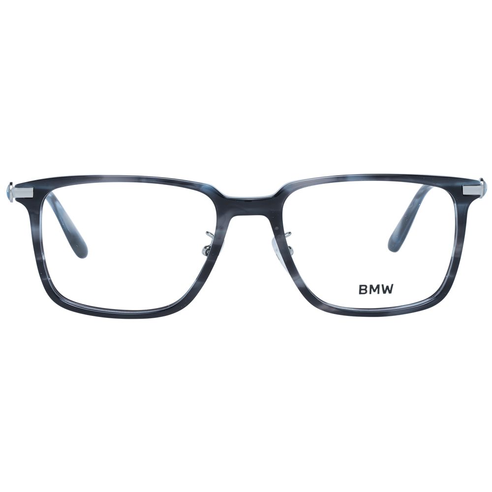 BMW Gray Men Glasses Frame with full-rim plastic design and demo lenses in rectangle style, includes branded case.