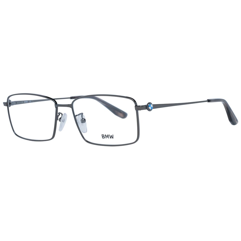 BMW Gray Men Glasses Frame with gunmetal full-rim trapezium style and demo lenses, size 57-16-150, metal frame.