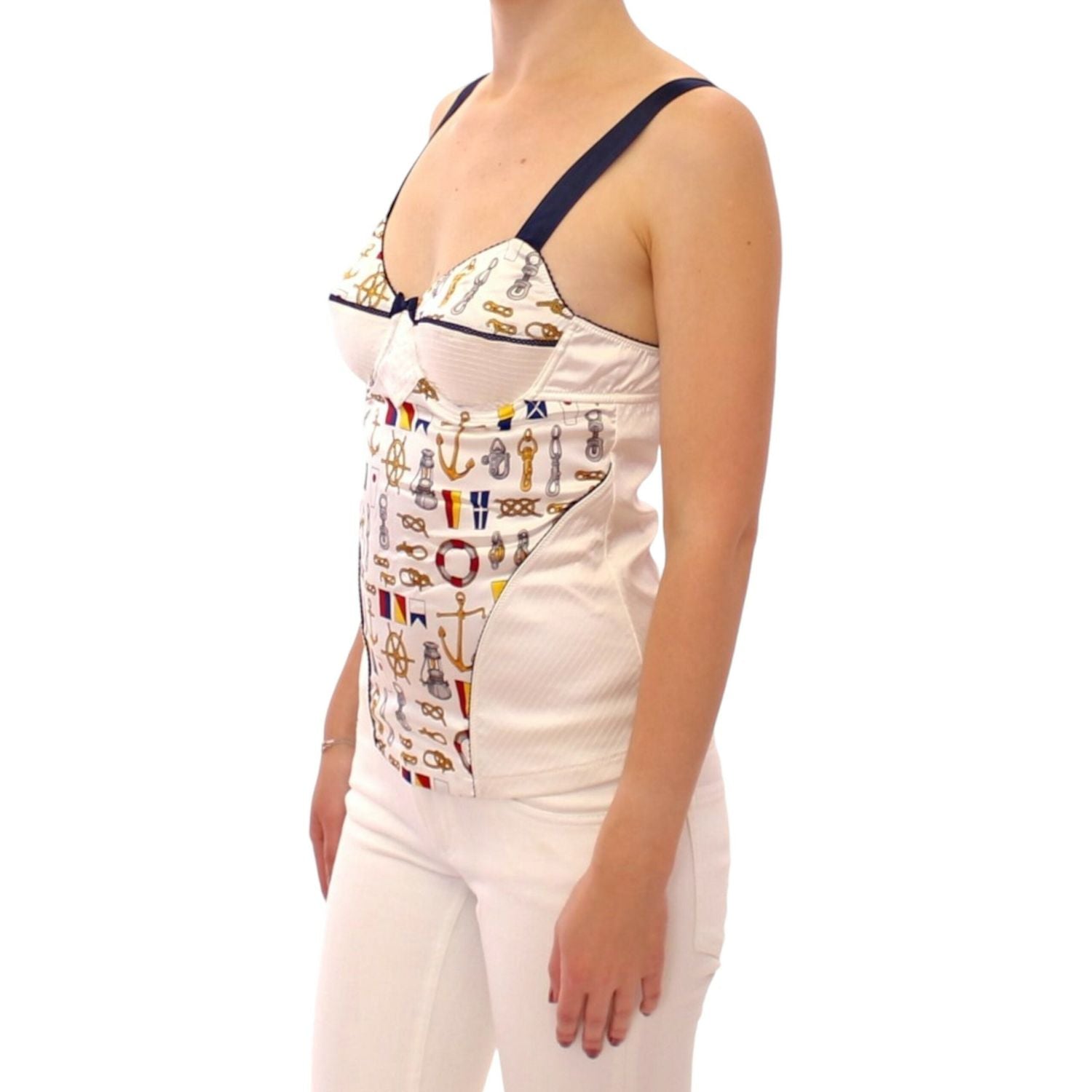 白色水手图案弹力背心