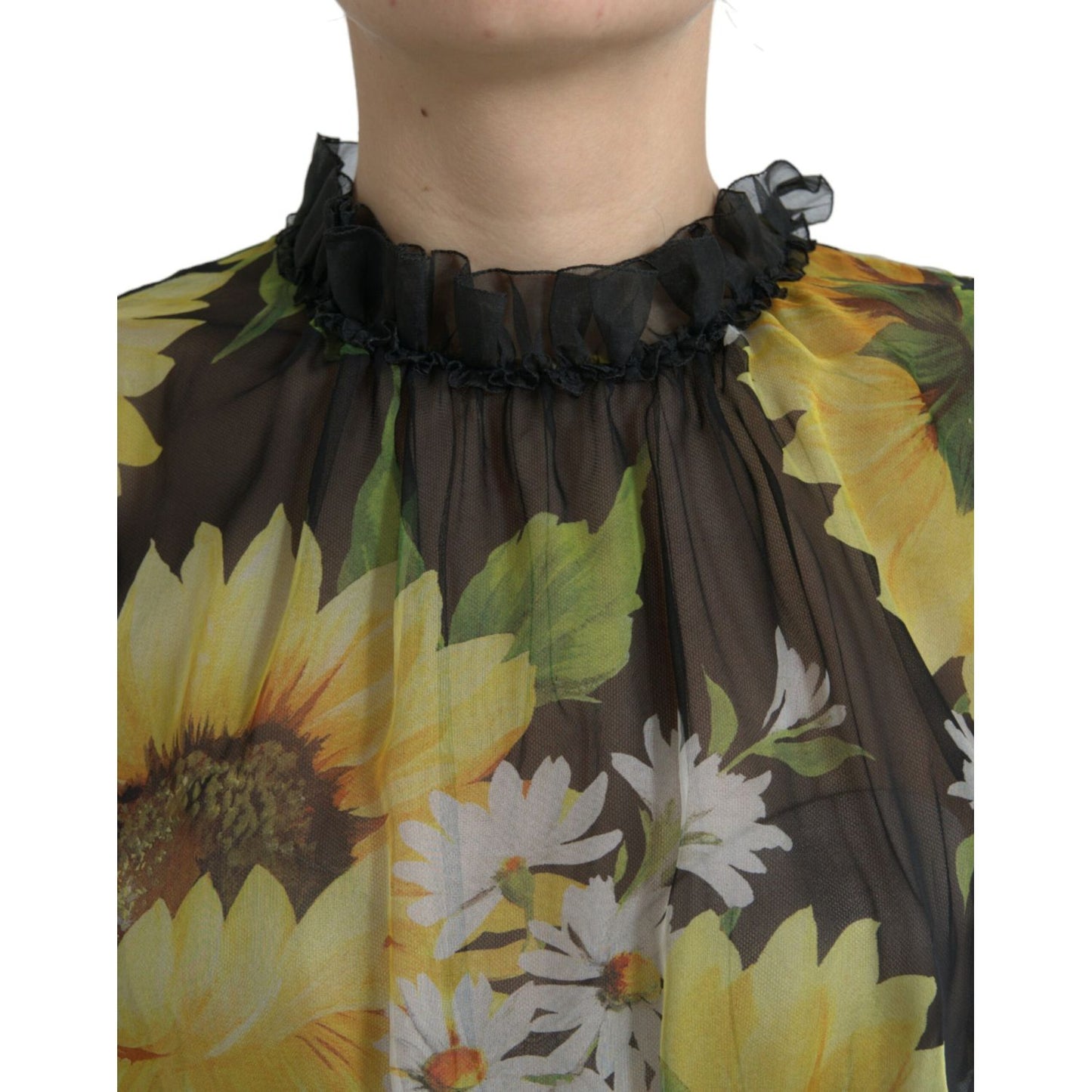 Dolce & Gabbana Black Sunflower A-line Pleated Maxi Dress