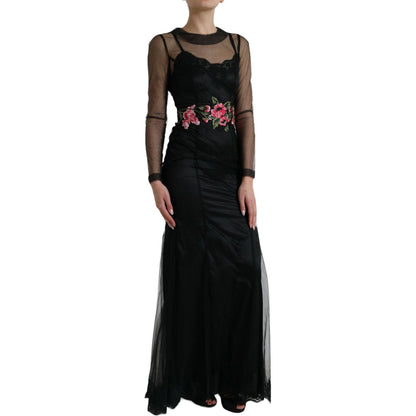 Dolce & Gabbana Black Floral Embroidery Mesh Tulle Gown Dress