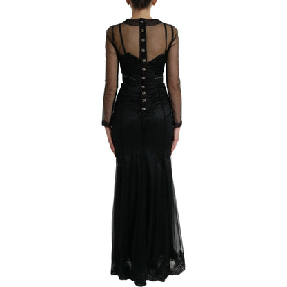 Dolce & Gabbana Black Floral Embroidery Mesh Tulle Gown Dress