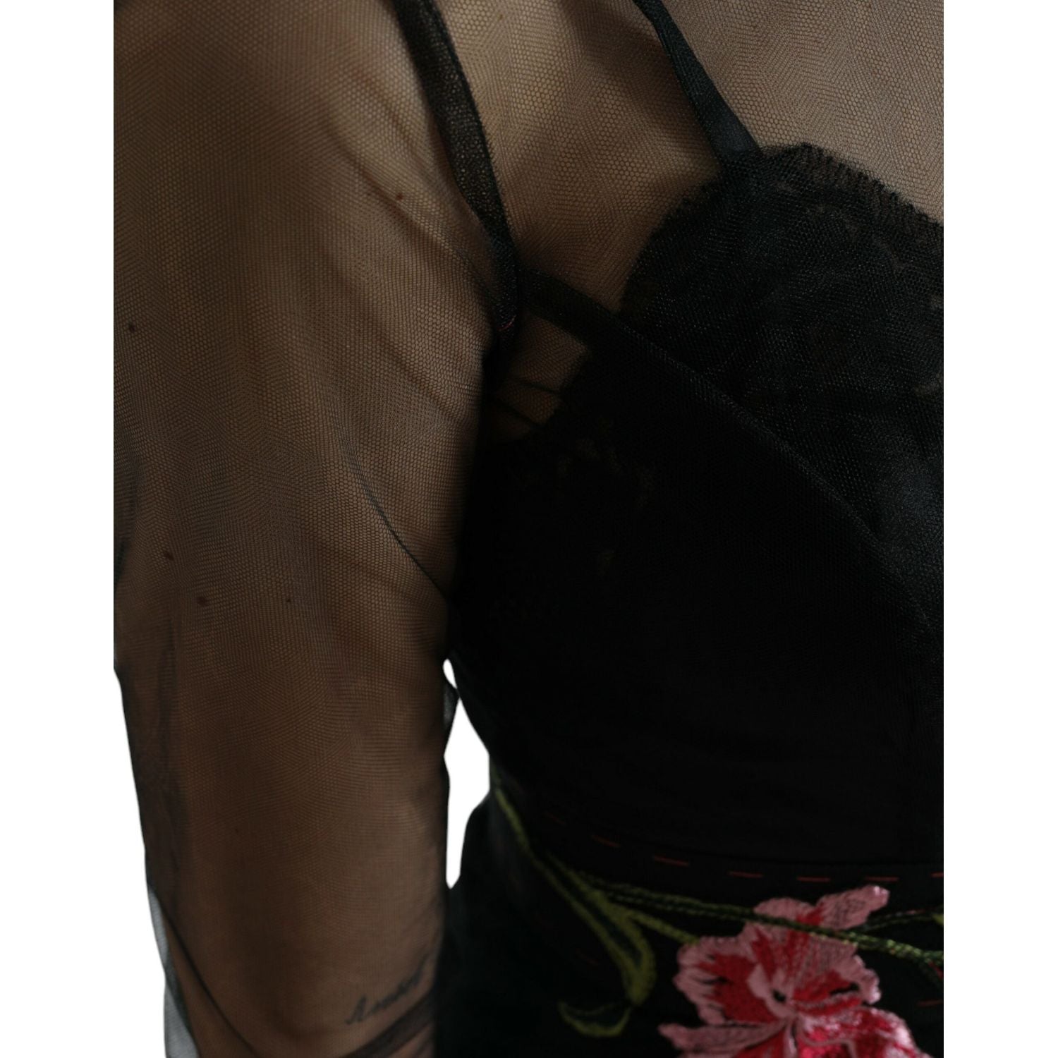 花卉刺绣薄纱长款晚礼服