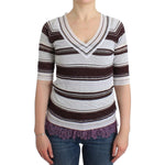 Ermanno Scervino Striped Lace V-Neck Short Sleeve Top Sweater