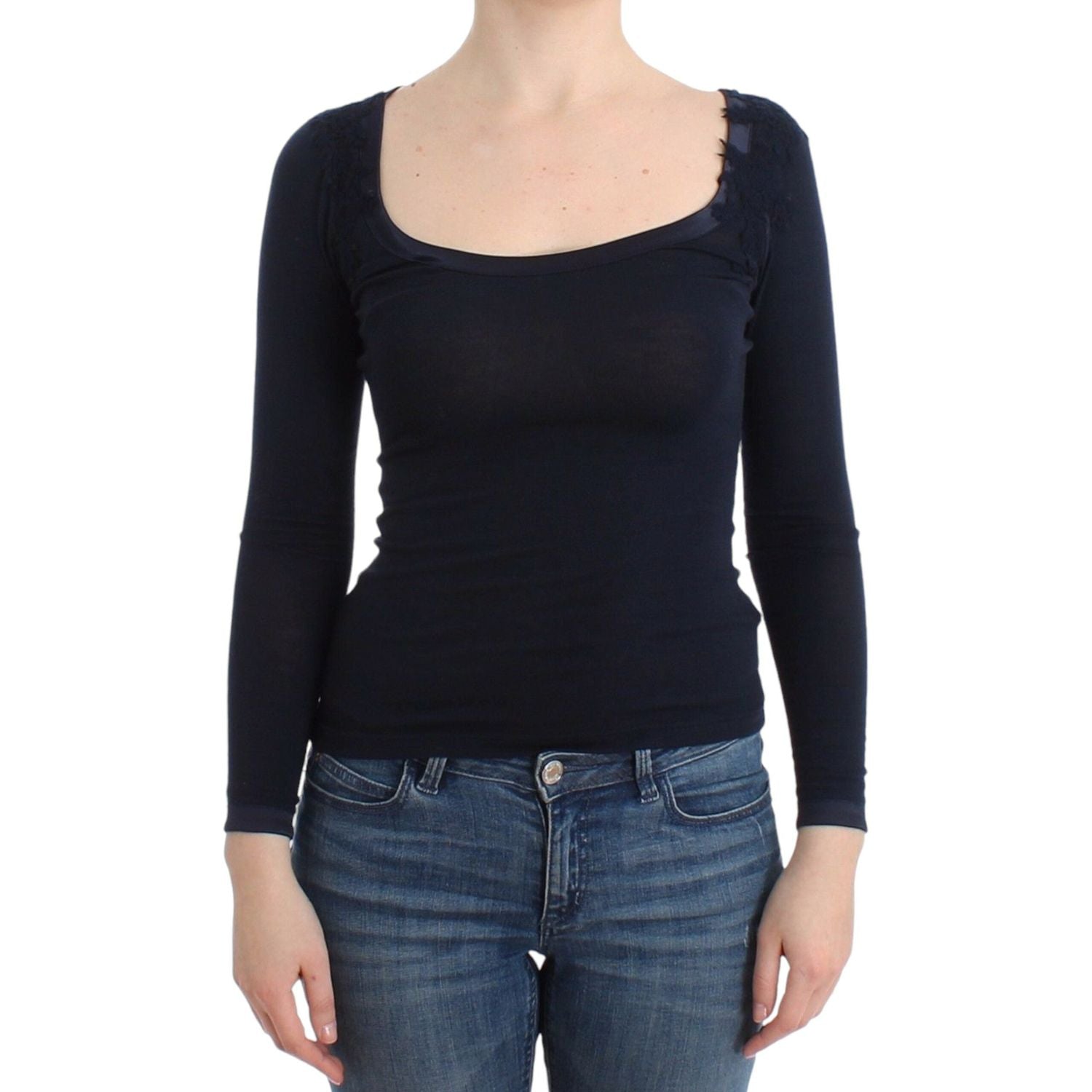 优雅蓝色长袖蕾丝上衣