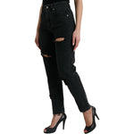 Dolce & Gabbana Black Cotton High Waist Tattered Denim Jeans