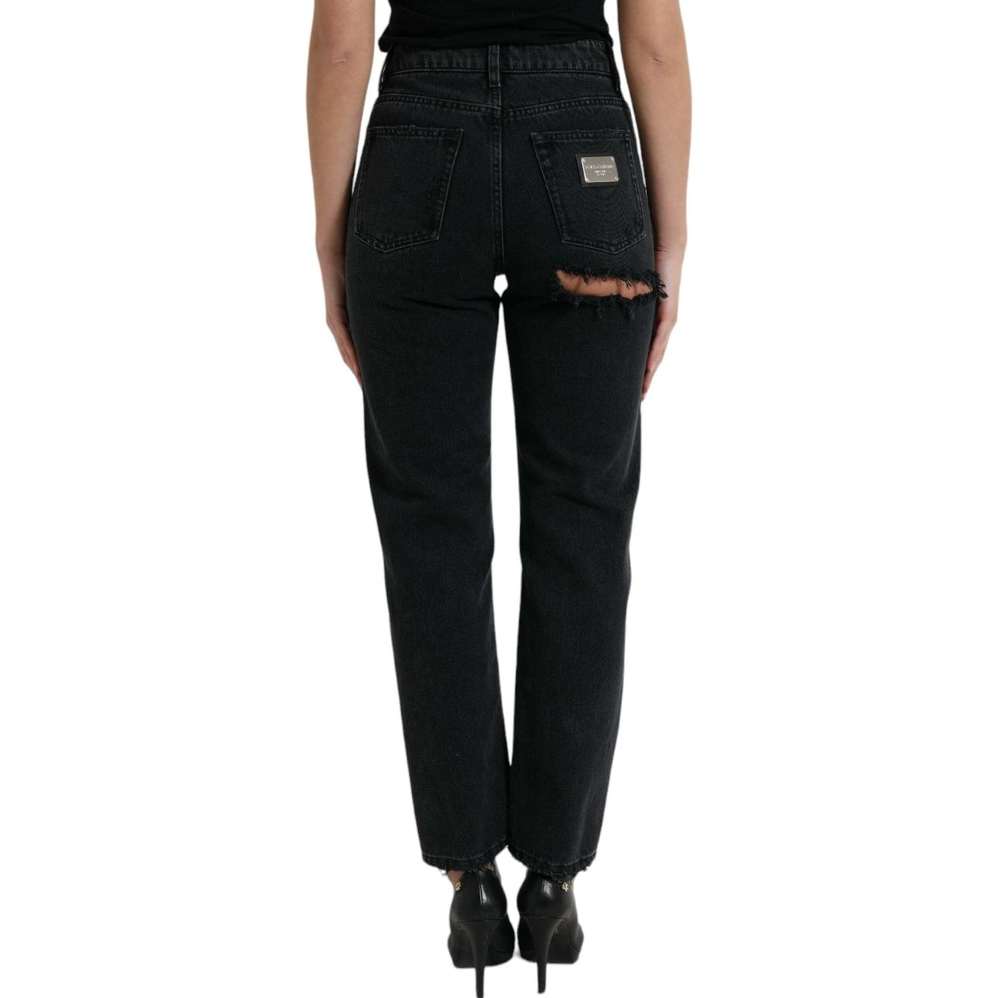 Dolce & Gabbana Black Cotton High Waist Tattered Denim Jeans