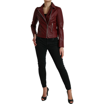 Dolce & Gabbana Bordeaux Leather Biker Coat Lambskin Jacket