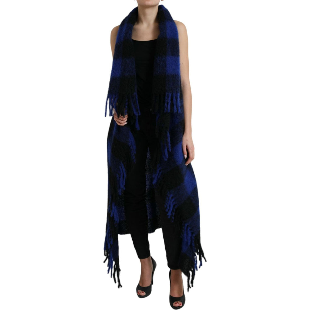 Dolce & Gabbana Black Blue Buffalo Check Poncho Coat Sweater