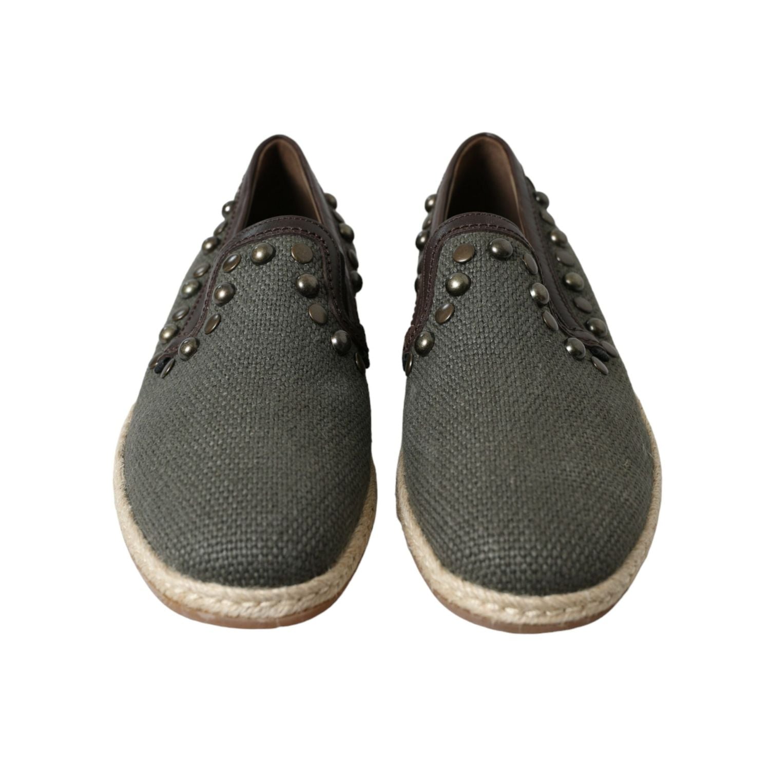 Dolce & Gabbana Gray Linen Leather Studded Loafers Shoes