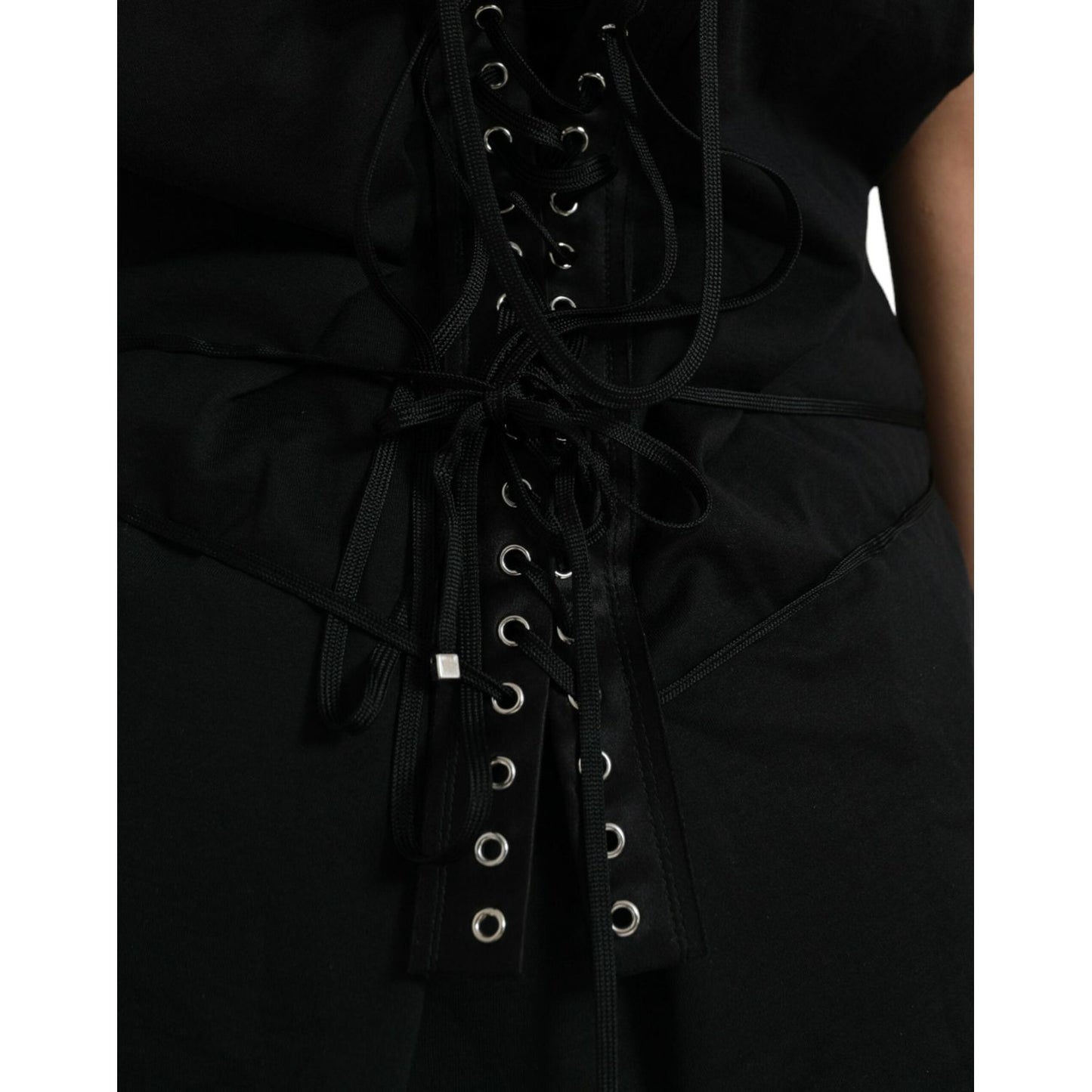Dolce & Gabbana Black Cotton Lace Up Logo Round Neck Tank Top