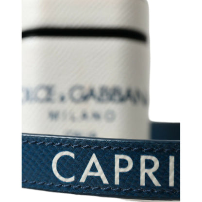 Dolce & Gabbana White Blue Calf Leather Logo Print Strap Airpods Case