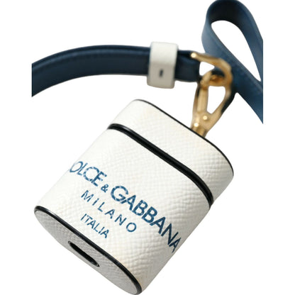 Dolce & Gabbana White Blue Calf Leather Logo Print Strap Airpods Case
