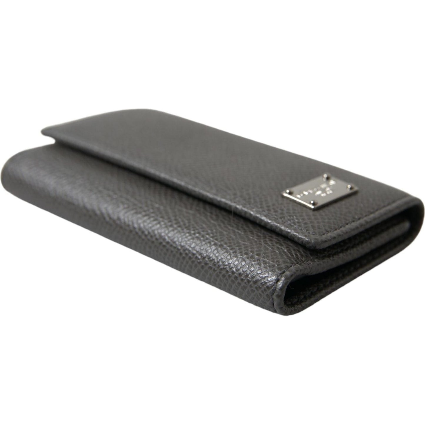 Dolce & Gabbana Gray Leather Silver Metal Logo Plaque Trifold Keyring