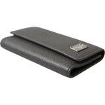 Dolce & Gabbana Gray Leather Silver Metal Logo Plaque Trifold Keyring
