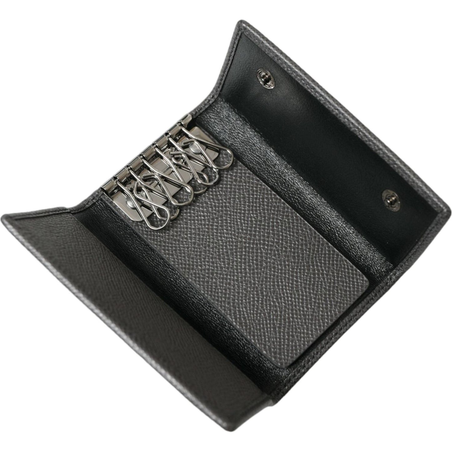 Dolce & Gabbana Gray Leather Silver Metal Logo Plaque Trifold Keyring