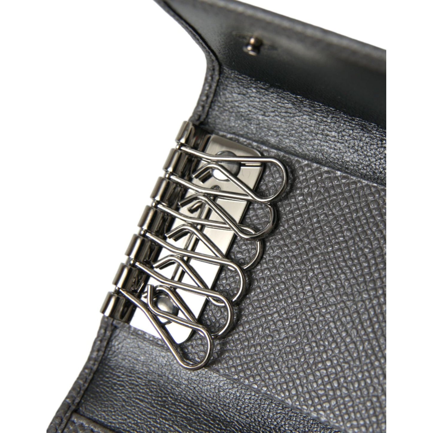 Dolce & Gabbana Gray Leather Silver Metal Logo Plaque Trifold Keyring