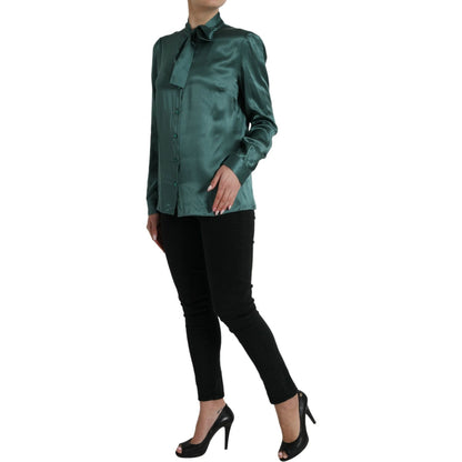 Dolce & Gabbana Dark Green Silk Ascot Collar Blouse Top