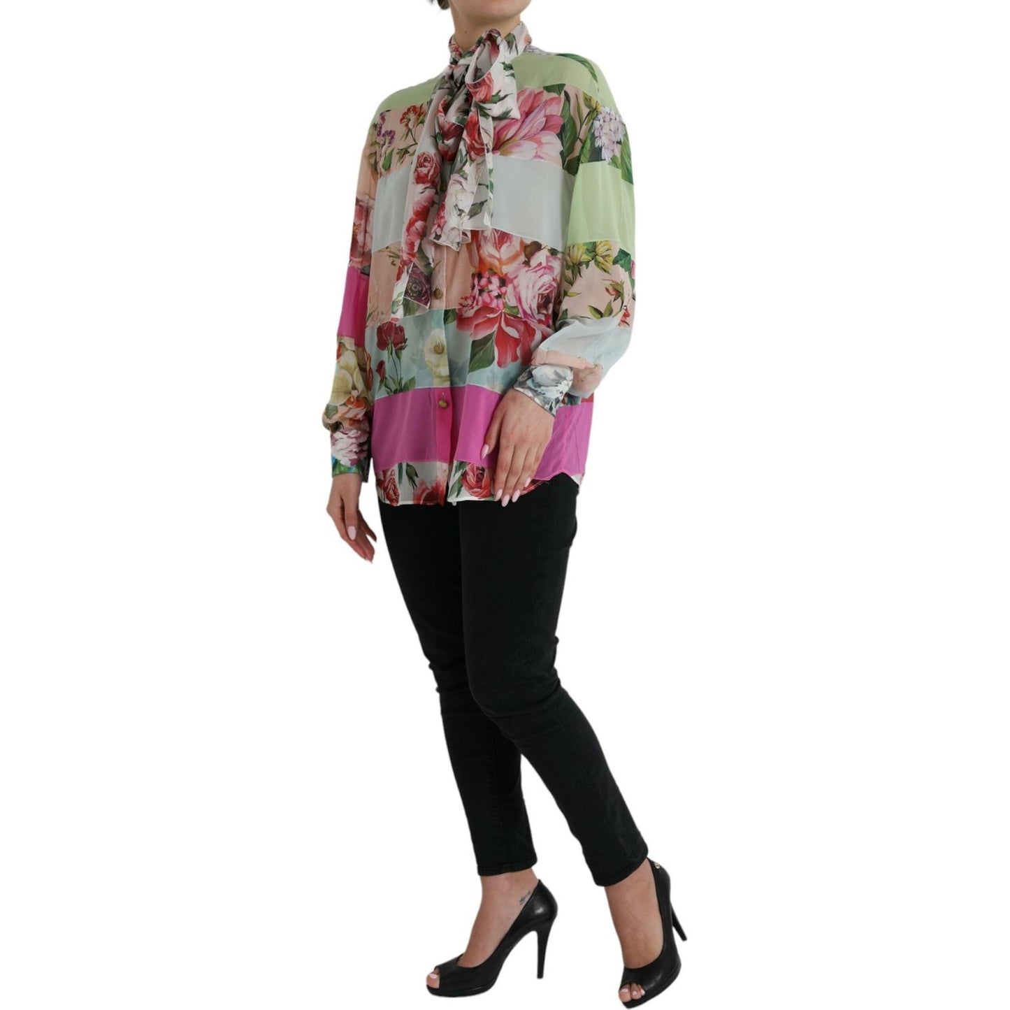 Dolce & Gabbana Multicolor Floral Patchwork Ascot Collar Top