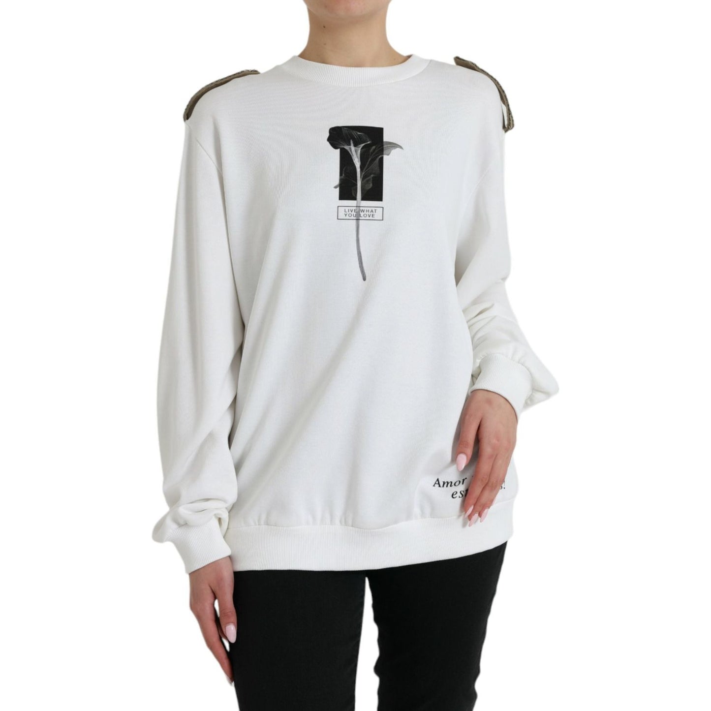 Dolce & Gabbana White Floral Cotton Crew Neck Pullover Sweater
