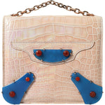 Balenciaga Beige Blue Agate Exotic Leather Gold Chain Purse Bag
