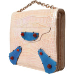 Balenciaga Beige Blue Agate Exotic Leather Gold Chain Purse Bag