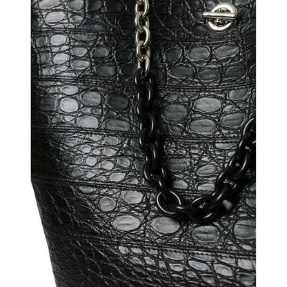 Balenciaga Black Exotic Skin Leather Maxi Bucket Tote Purse Bag