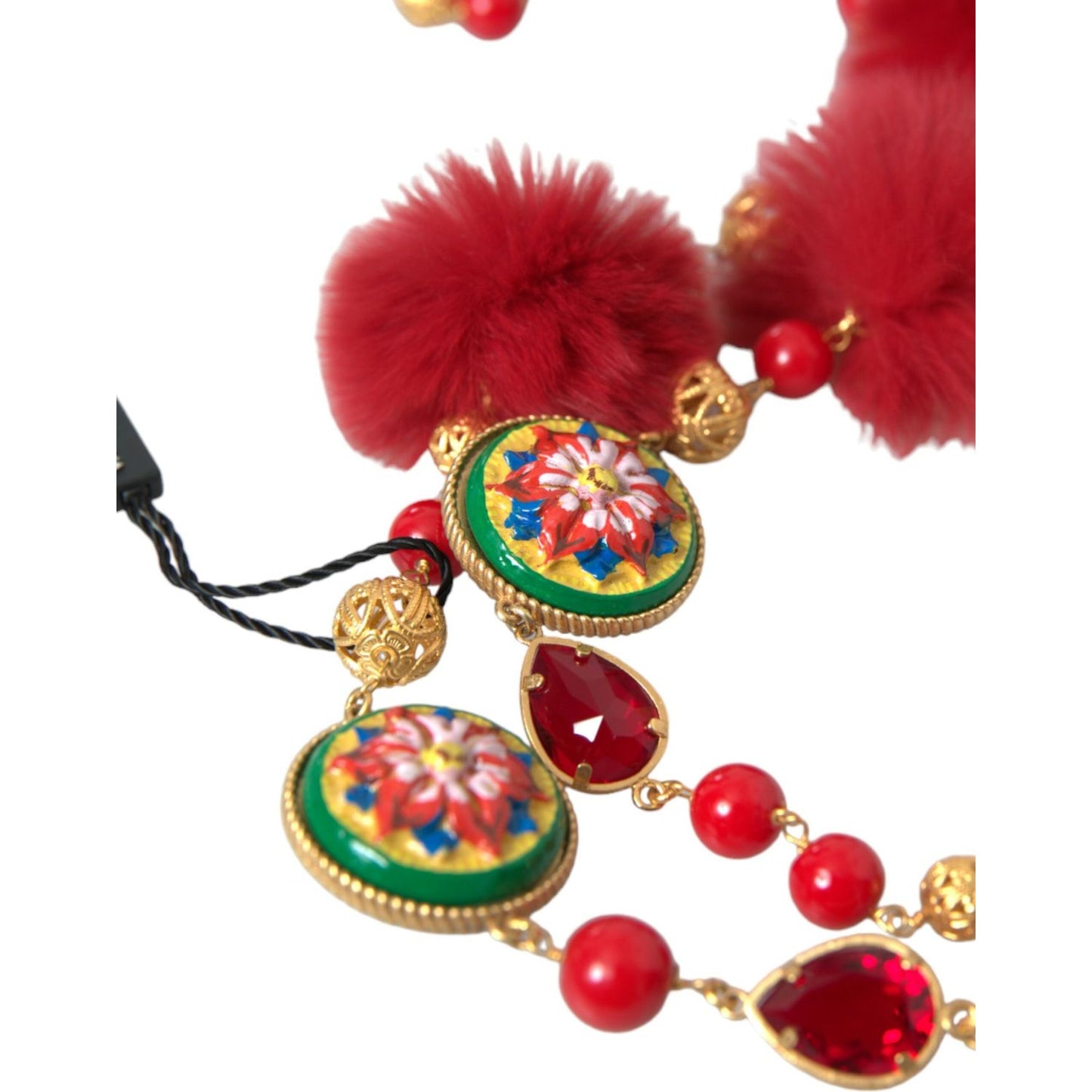 Dolce & Gabbana Gold Brass Red Fur Crystal Carretto Chain Necklace Necklace