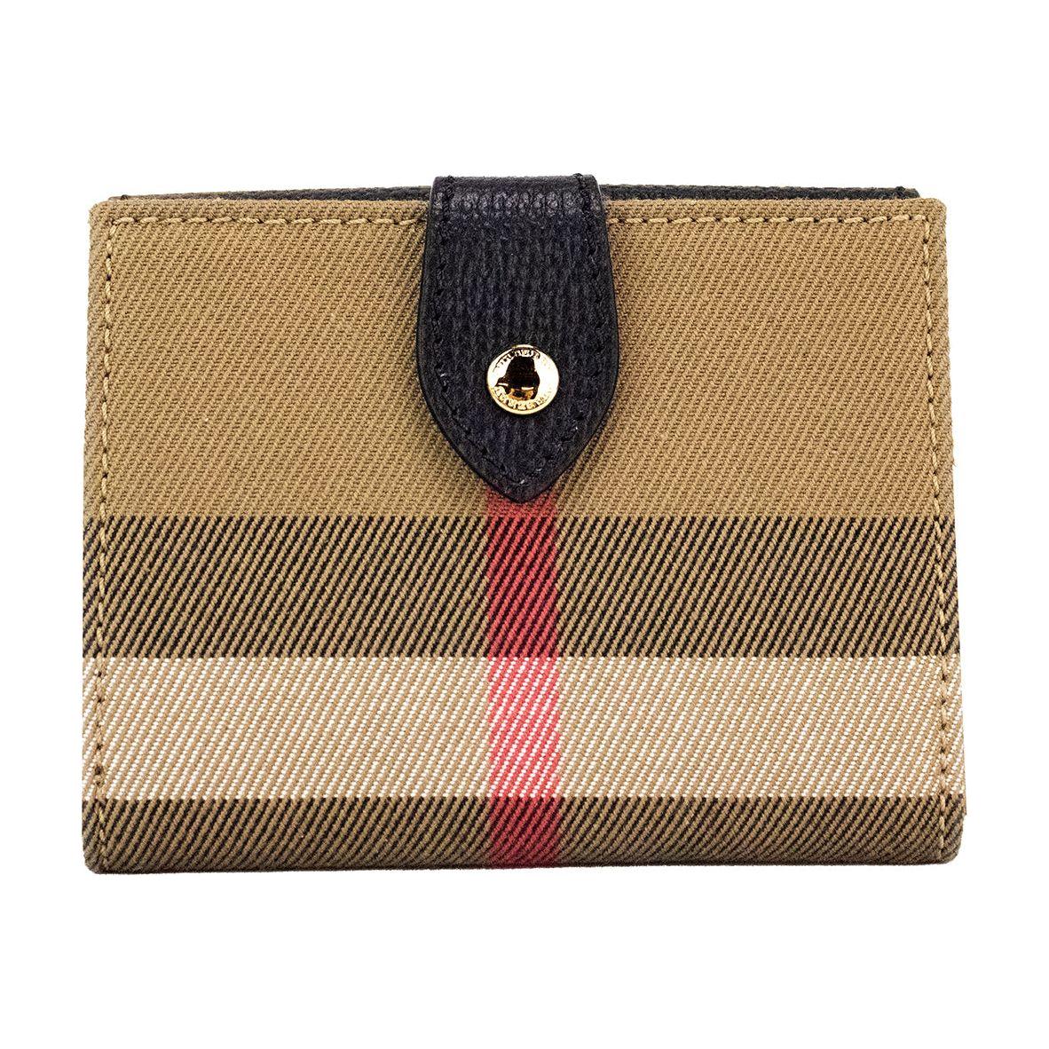 Luna 黑色粒面皮革 House 格纹帆布零钱包按扣钱包