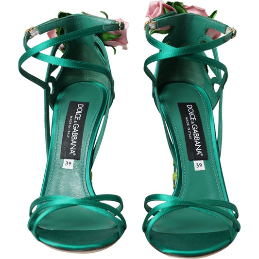 Dolce & Gabbana Green Flower Satin Heels Sandals Shoes Dolce & Gabbana