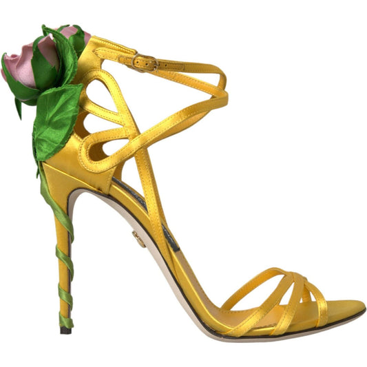 Dolce & Gabbana Yellow Flower Satin Heels Sandals Shoes Dolce & Gabbana