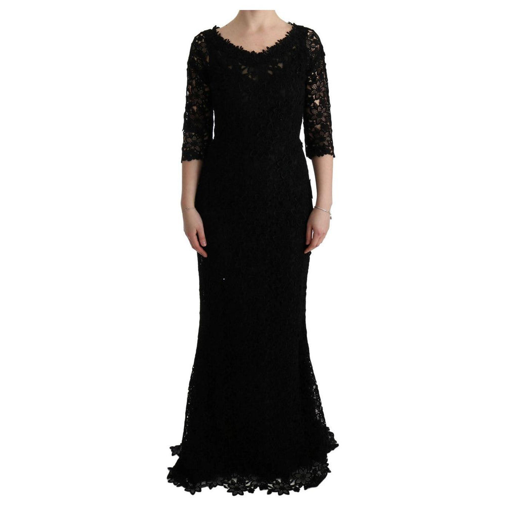 Dolce & Gabbana Black Floral Ricamo Sheath Long Dress