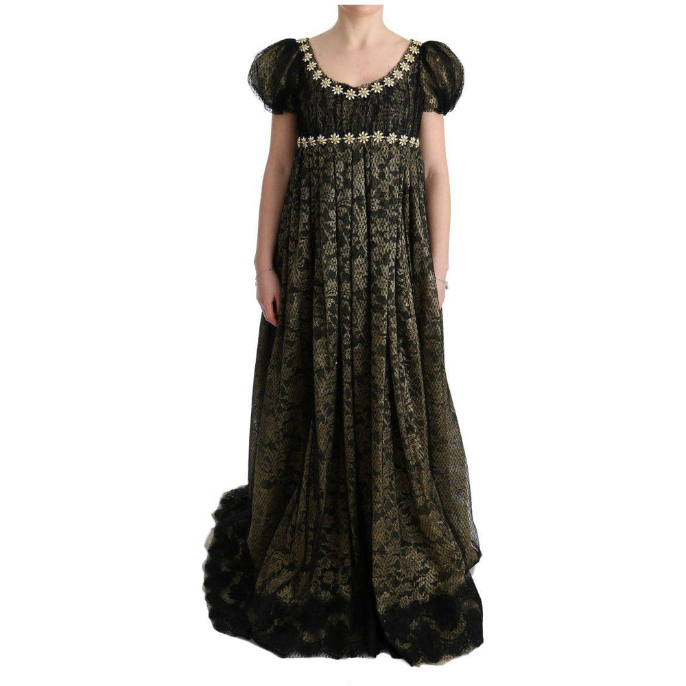 Dolce & Gabbana Black Yellow Crystal Lace Shift Dress