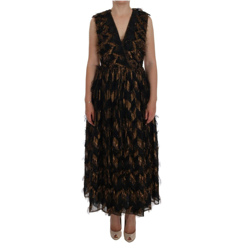 Dolce & Gabbana Black Silk Brown Fringes A-Line Dress