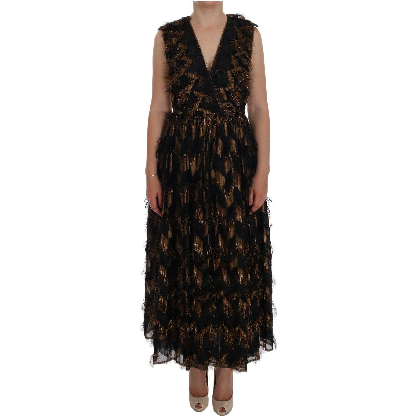 Dolce & Gabbana Black Silk Brown Fringes A-Line Dress