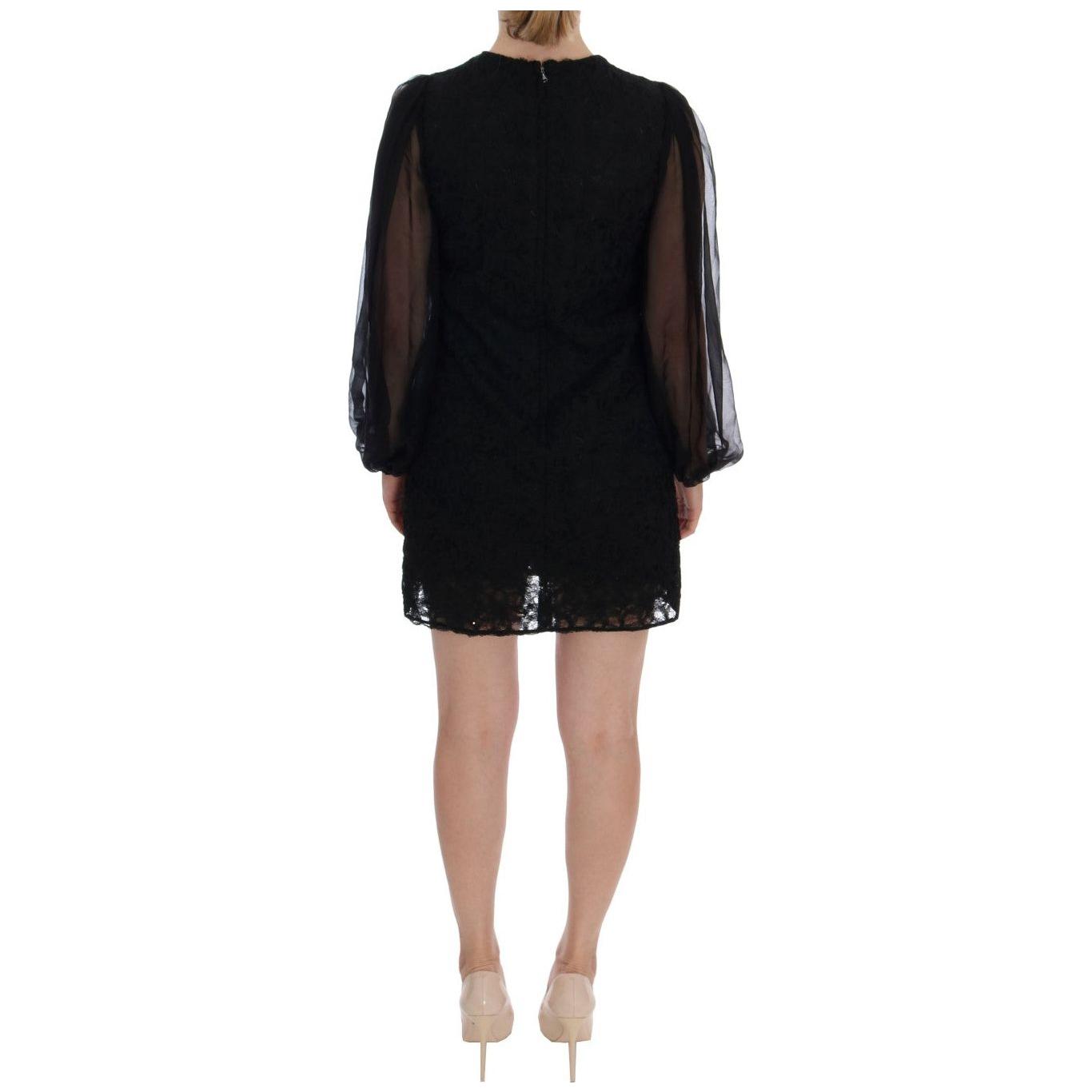 优雅黑色蕾丝心形贴花直筒连衣裙