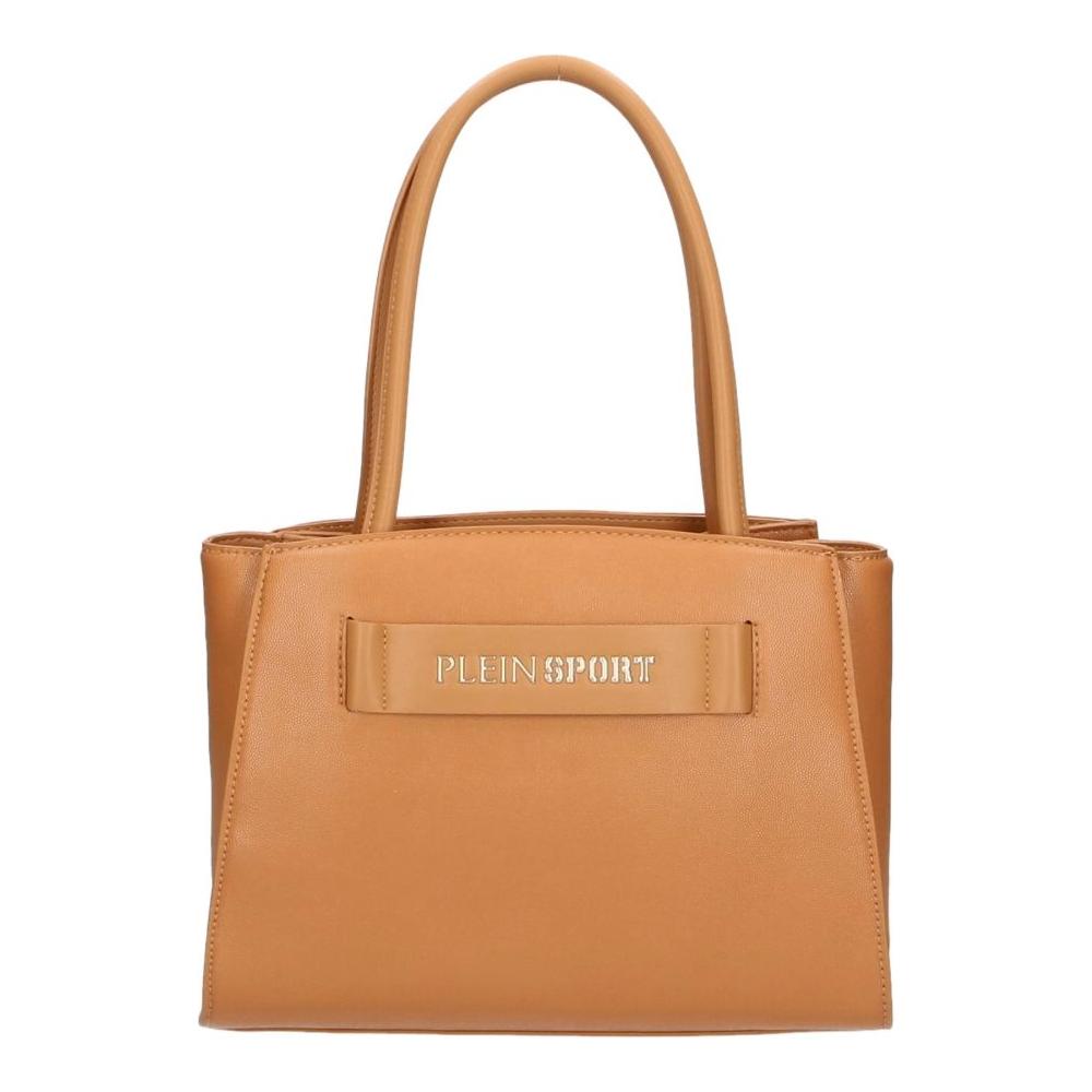 带银色徽标的时尚棕色生态皮革购物袋