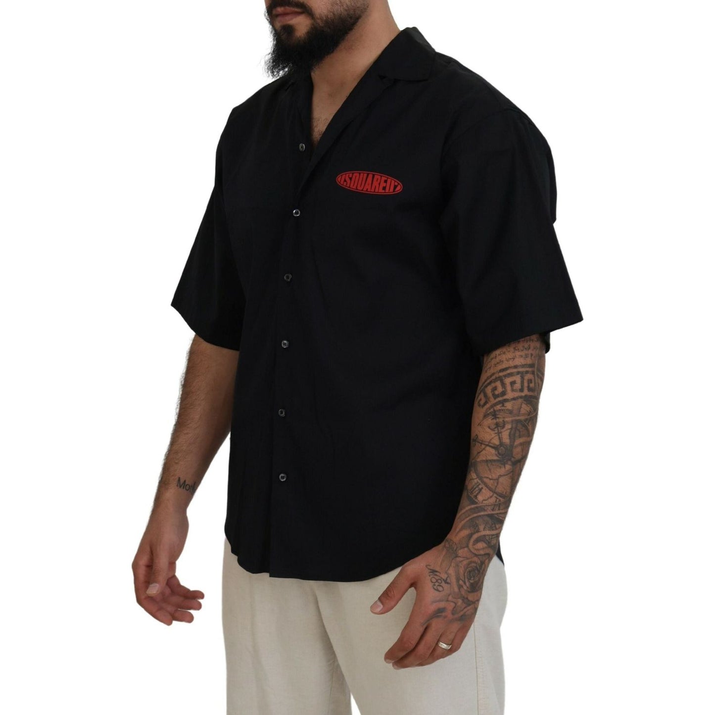 Dsquared² Black Cotton Collared Logo Print Short Sleeve Shirt