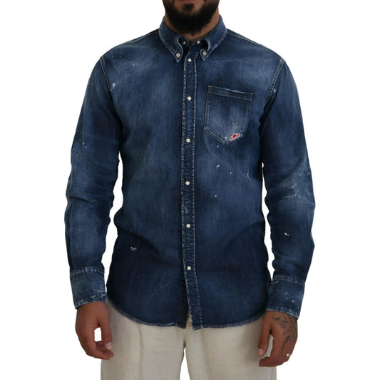 Dsquared² Blue Washed Collared Men Casual Long Sleeves Shirt Dsquared²