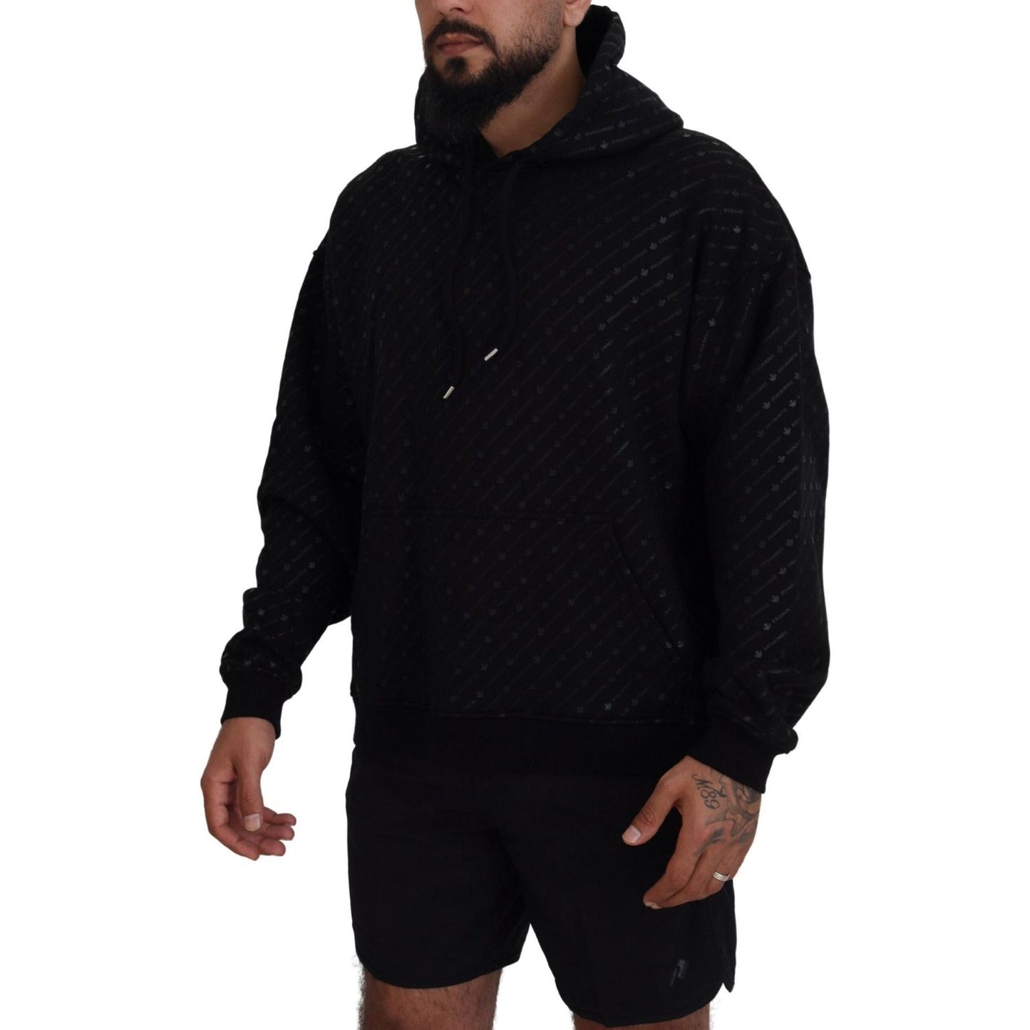 Dsquared² Black Cotton Hooded Printed Men Pullover Sweater