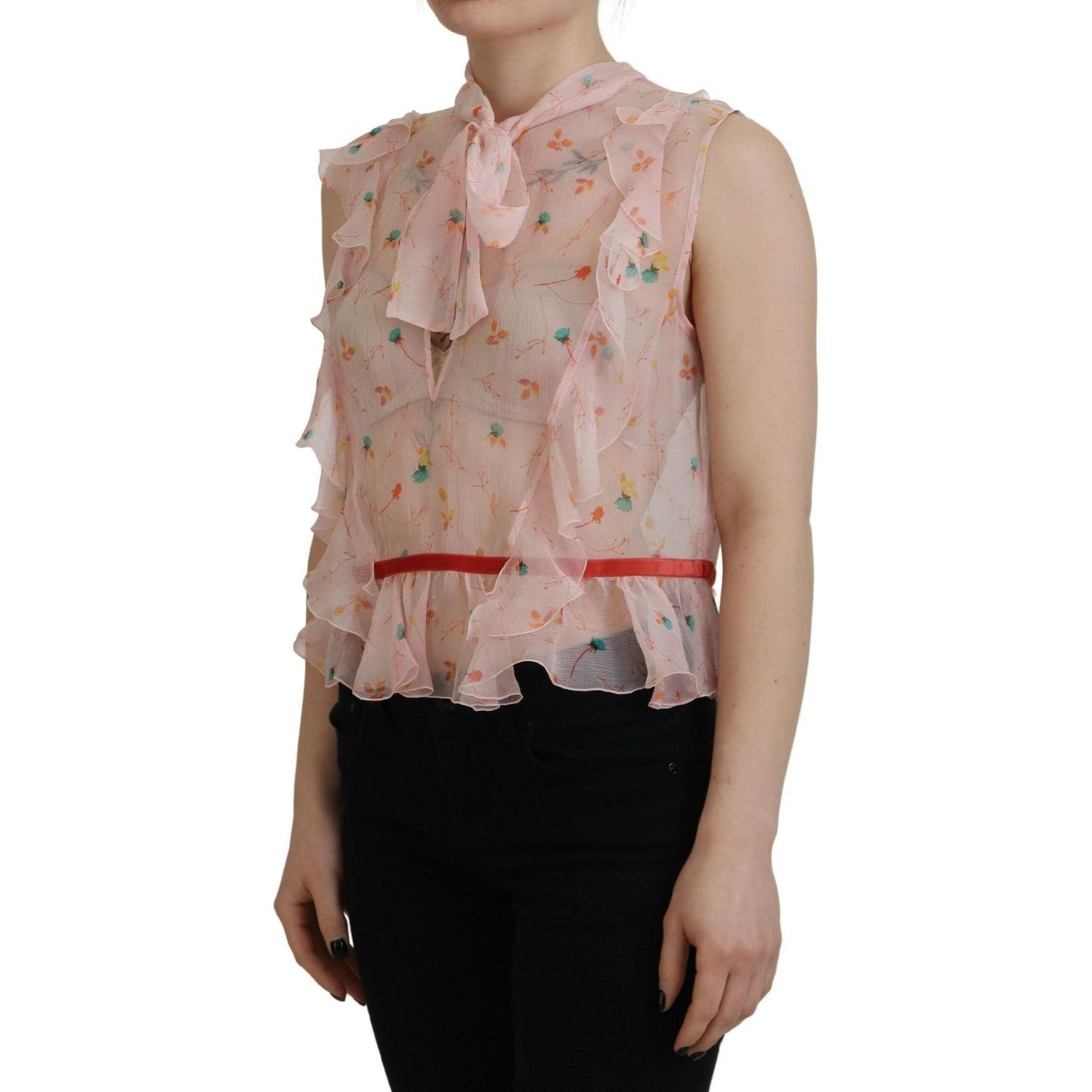 Dsquared² Pink Floral Print Silk Sleeveless Ascot Collar Top Dsquared²