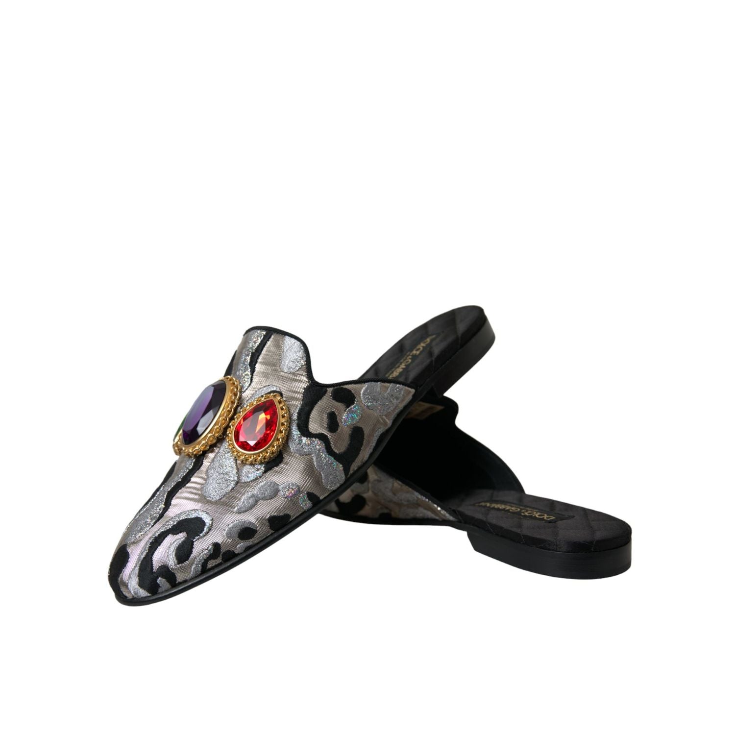 Dolce & Gabbana Gray Jacquard Crystal Mule Flat Sandals Shoes
