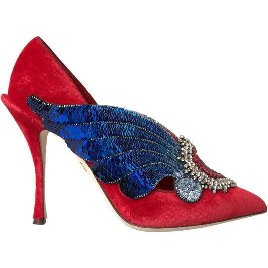 Dolce & Gabbana Red Velvet Sequin Crystal Heels Pumps Shoes Dolce & Gabbana