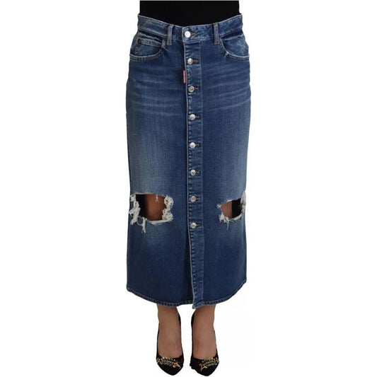 Dsquared² Blue Distressed High Waist Pencil Cut Denim Skirt Dsquared²