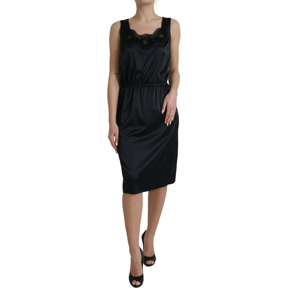 Dolce & Gabbana Black Polyester Lace Trim Sheath Midi Dress