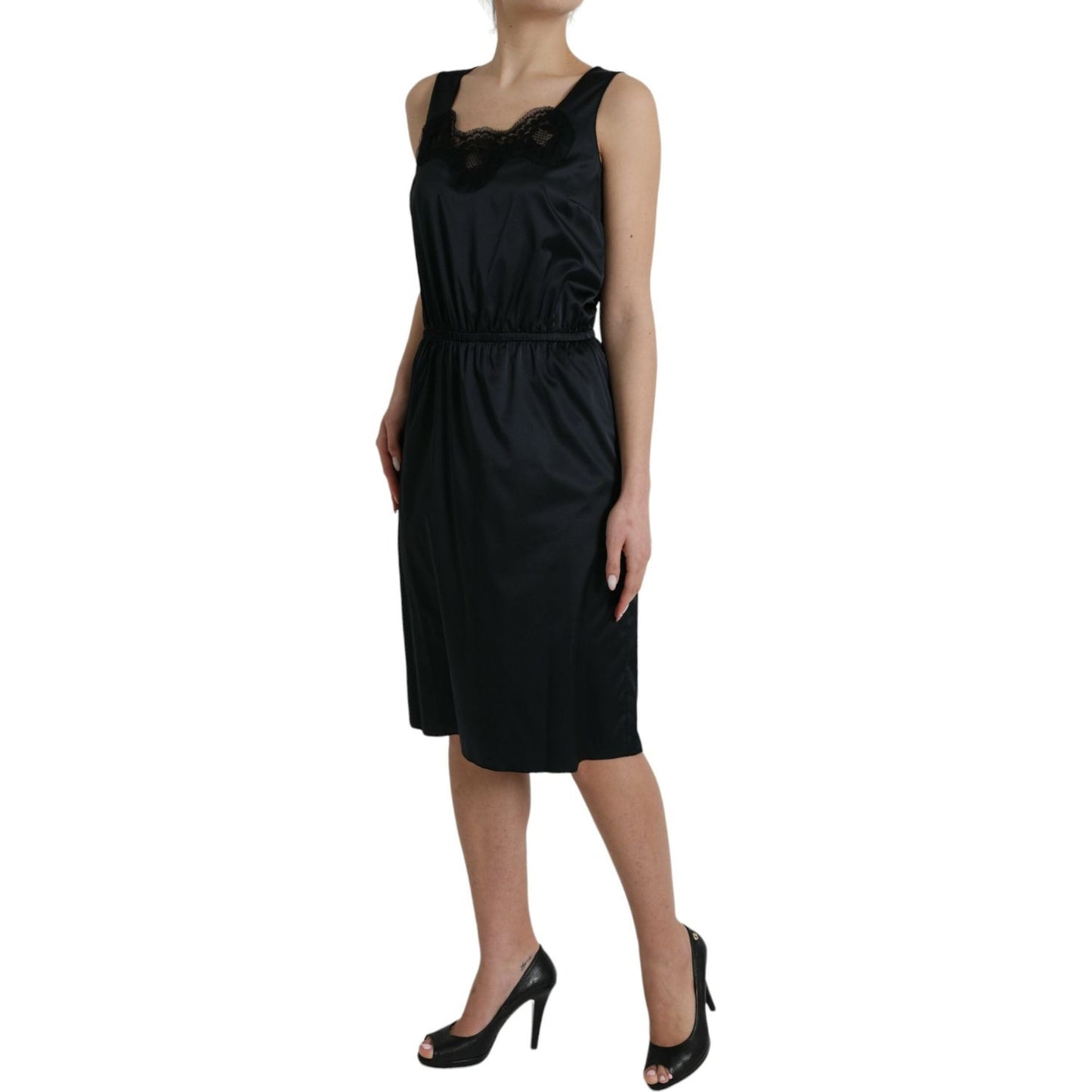 Dolce & Gabbana Black Polyester Lace Trim Sheath Midi Dress
