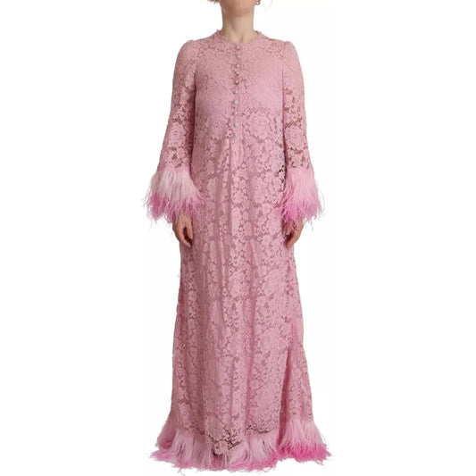 Dolce & Gabbana Shift Lilac Lace Feathers Long Sleeves Dress Dolce & Gabbana