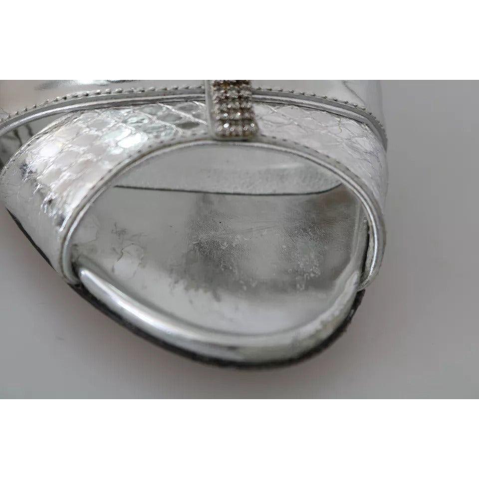 Dolce & Gabbana Silver Crystals T-strap Sandals Leather Shoes LA8001-36